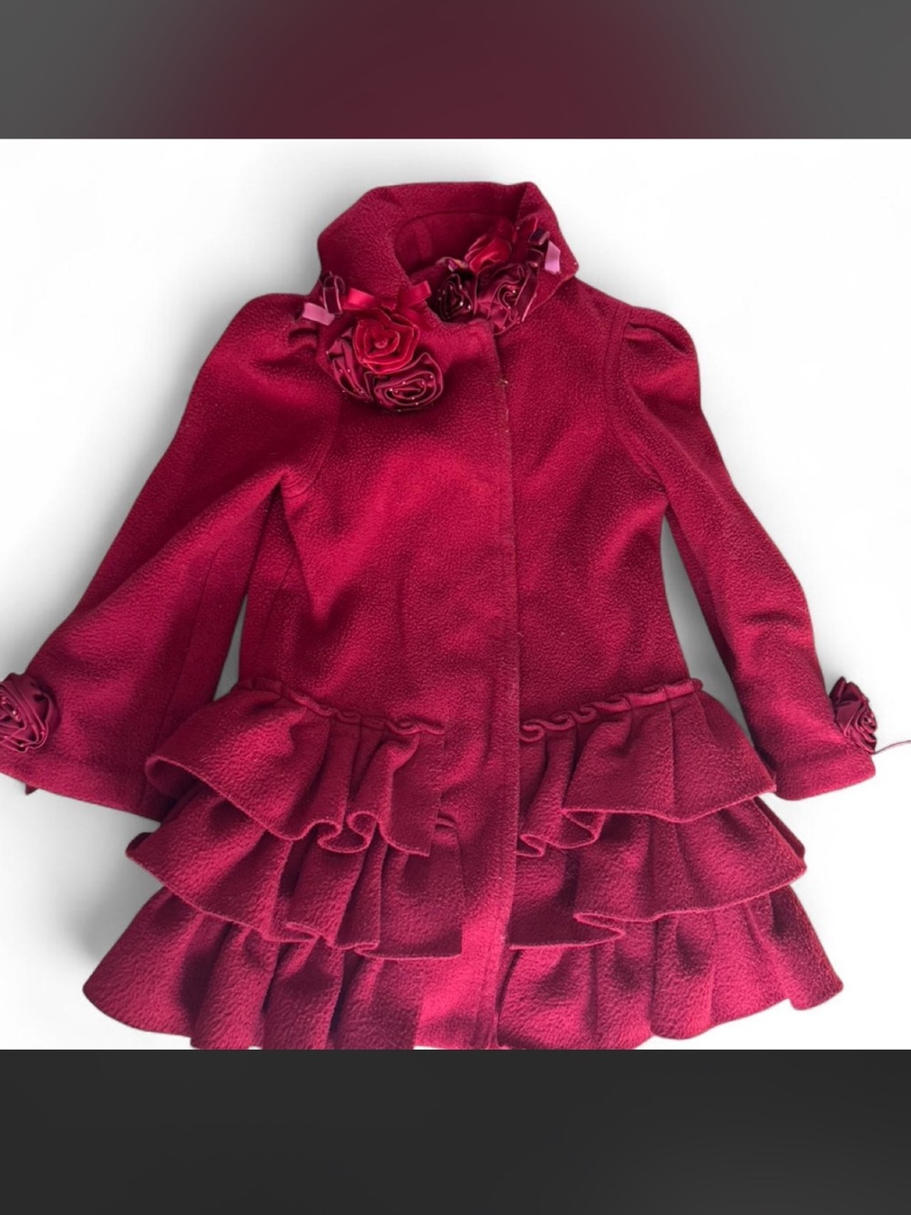Vintage 90s Kate Mack Fuchsia Ruffle Pea Coat with Floral Appliqué
